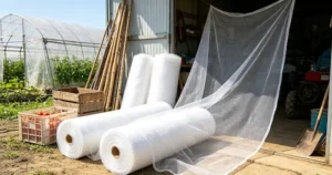 Agricultural insect net rolls at farm storage area for pest control